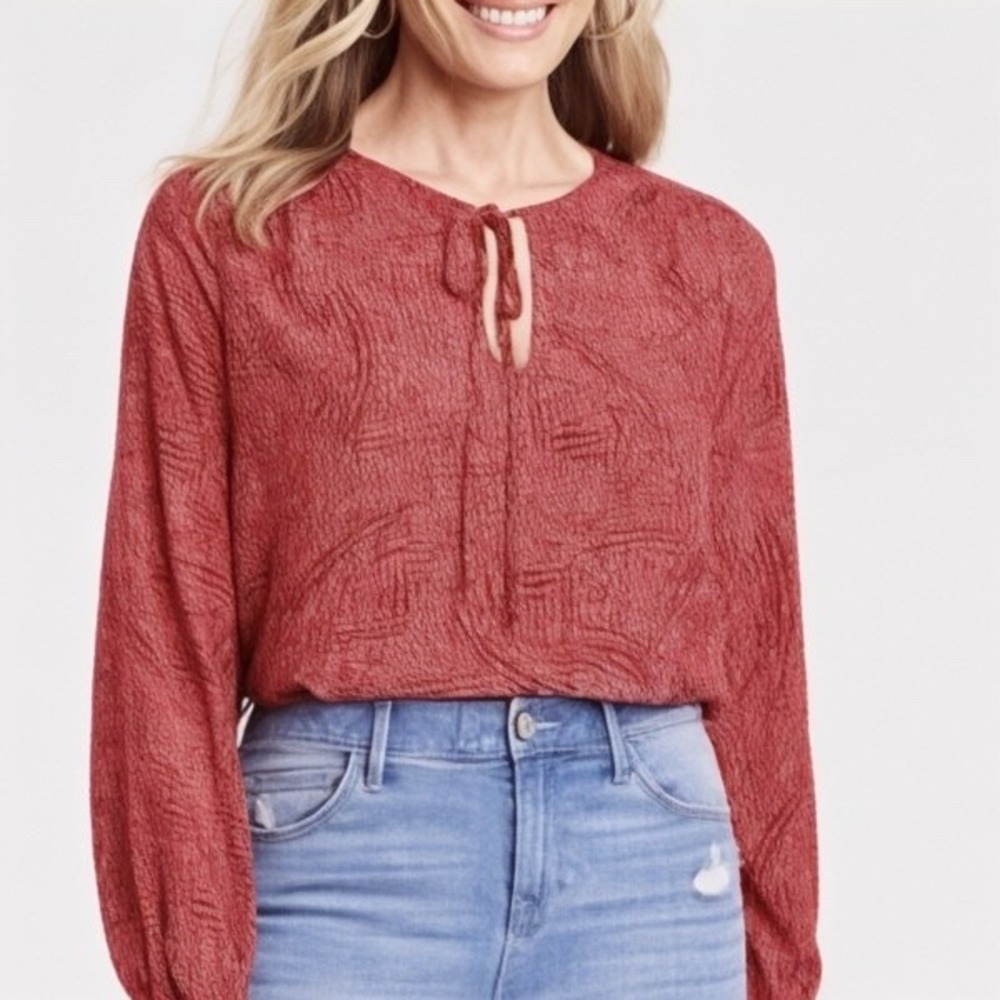 Knox Rose Abstract Dot Oversized Blouse Womens XXL Red Ruffle Cuff Spring Flowy